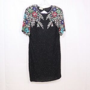 Stenay Beaded Silk Dress L Black Womens Floral Sequin Cocktail Party